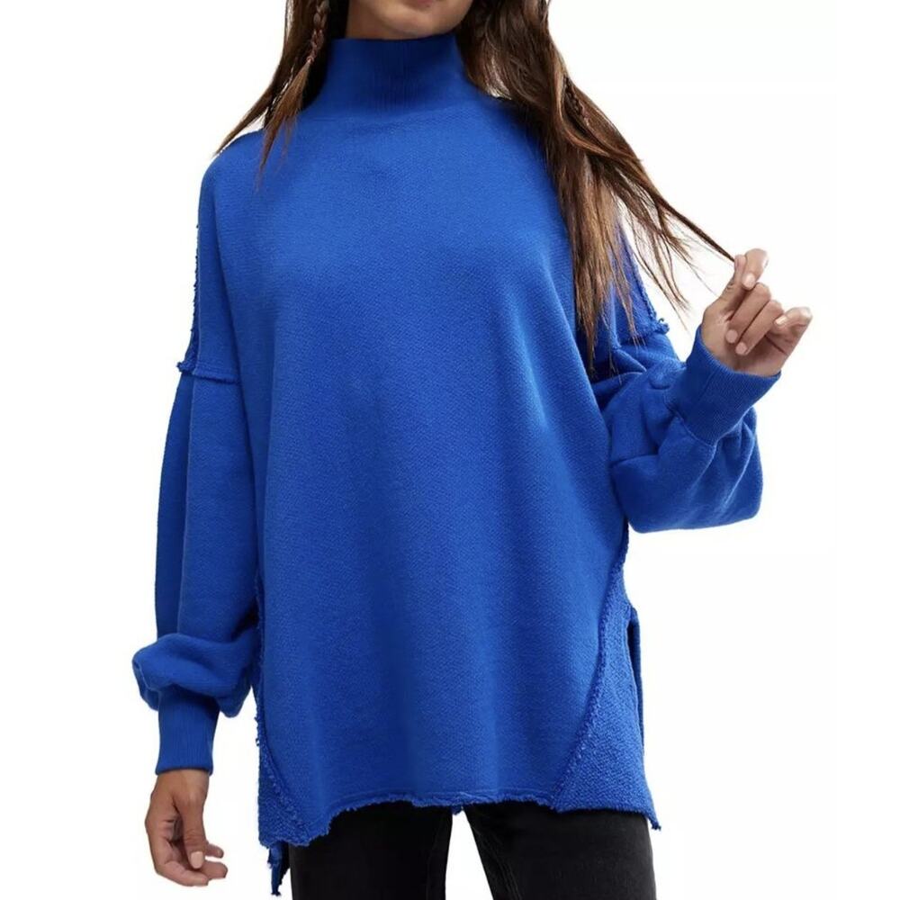 We The Free People Oversized Pullover Blue Wonderful Mock Neck Sweater Small